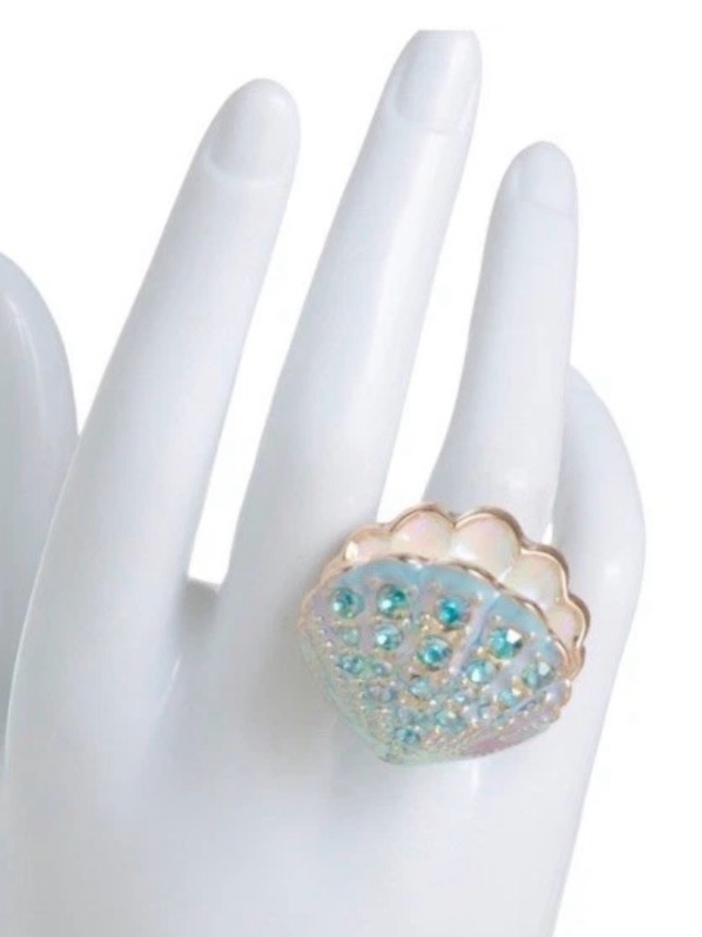 New Betsey Johnson Gold-Tone Pearl Shell stretch Ring with Aqua Crystals - Picture 8 of 16